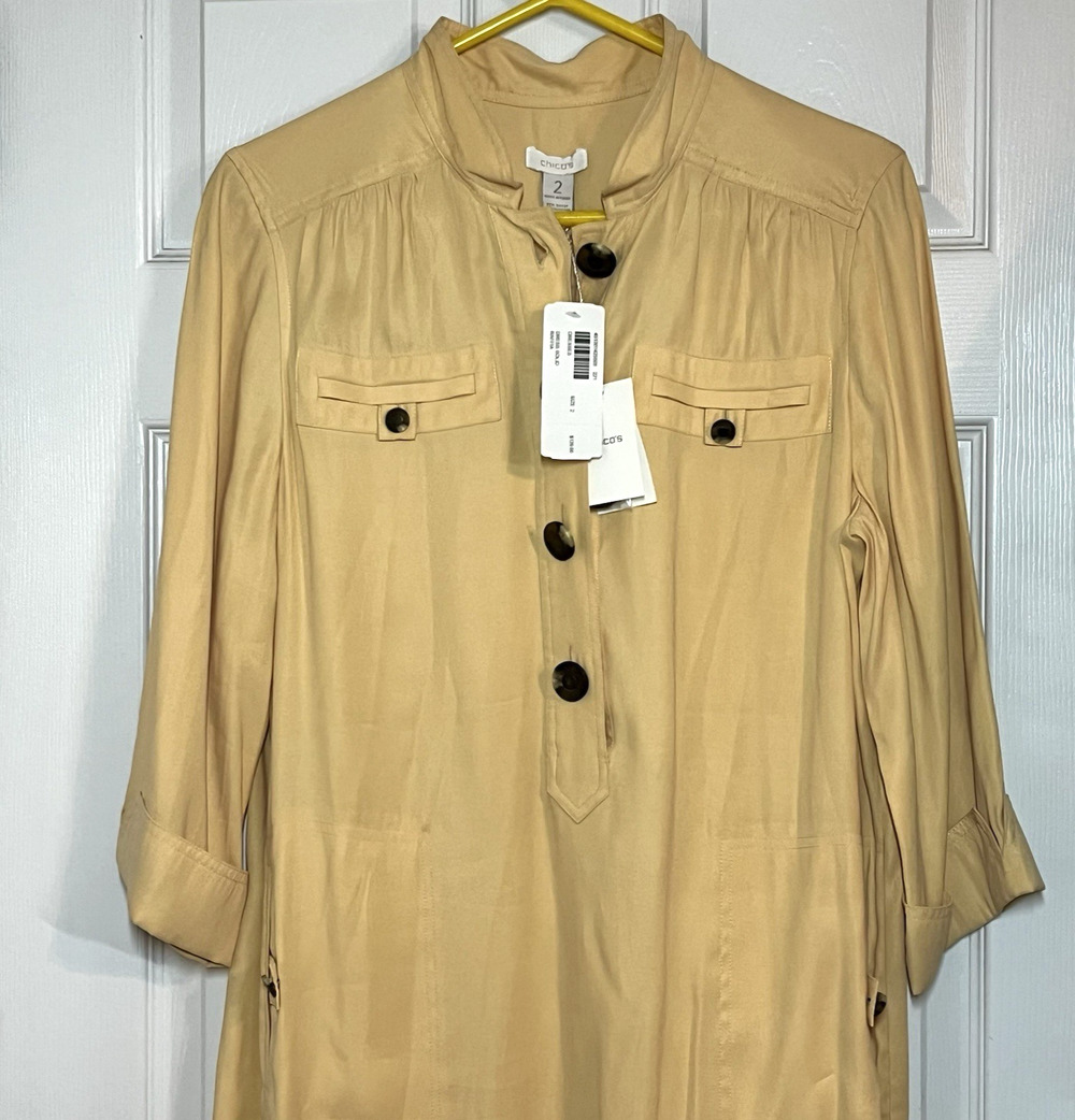 Chico's Raffia Yellow Utility Shirt Dress Size 2 (US 12) Structured NWT FLAW